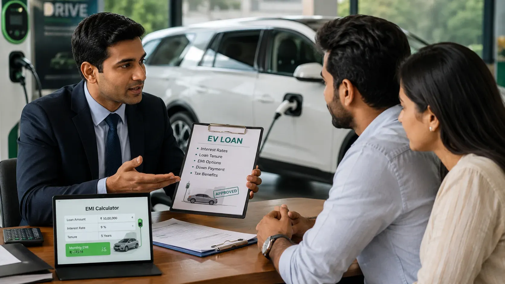 Bank officer explaining electric vehicle loan documents to a customer